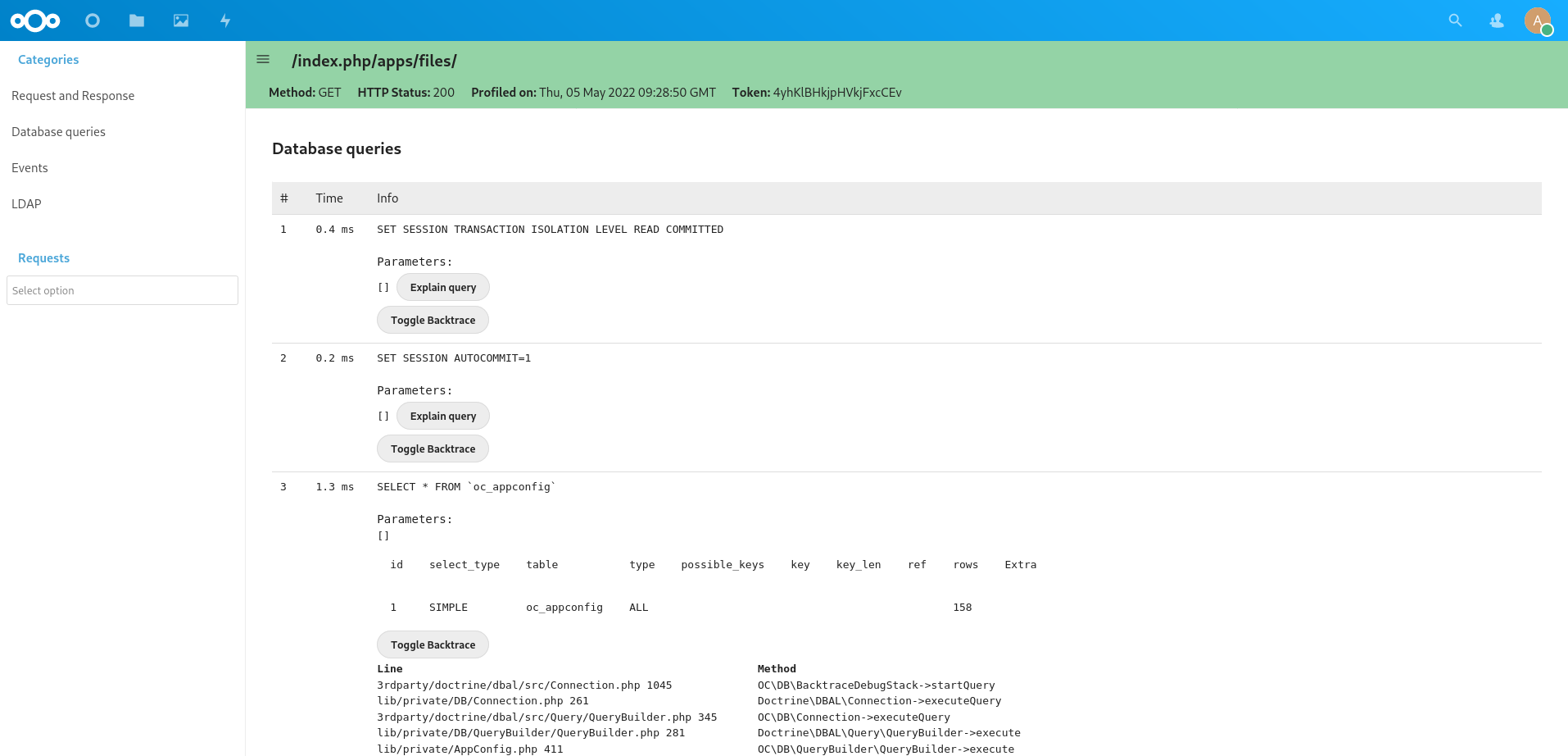 Profiler database queries view listing executed queries with execution time and explain options